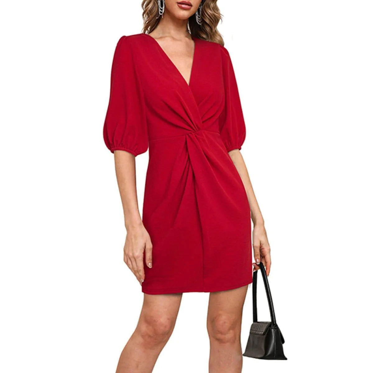 Deep V Lantern Sleeve Folds Solid Color Mini Dress With Keyhole Jewelry Bubble