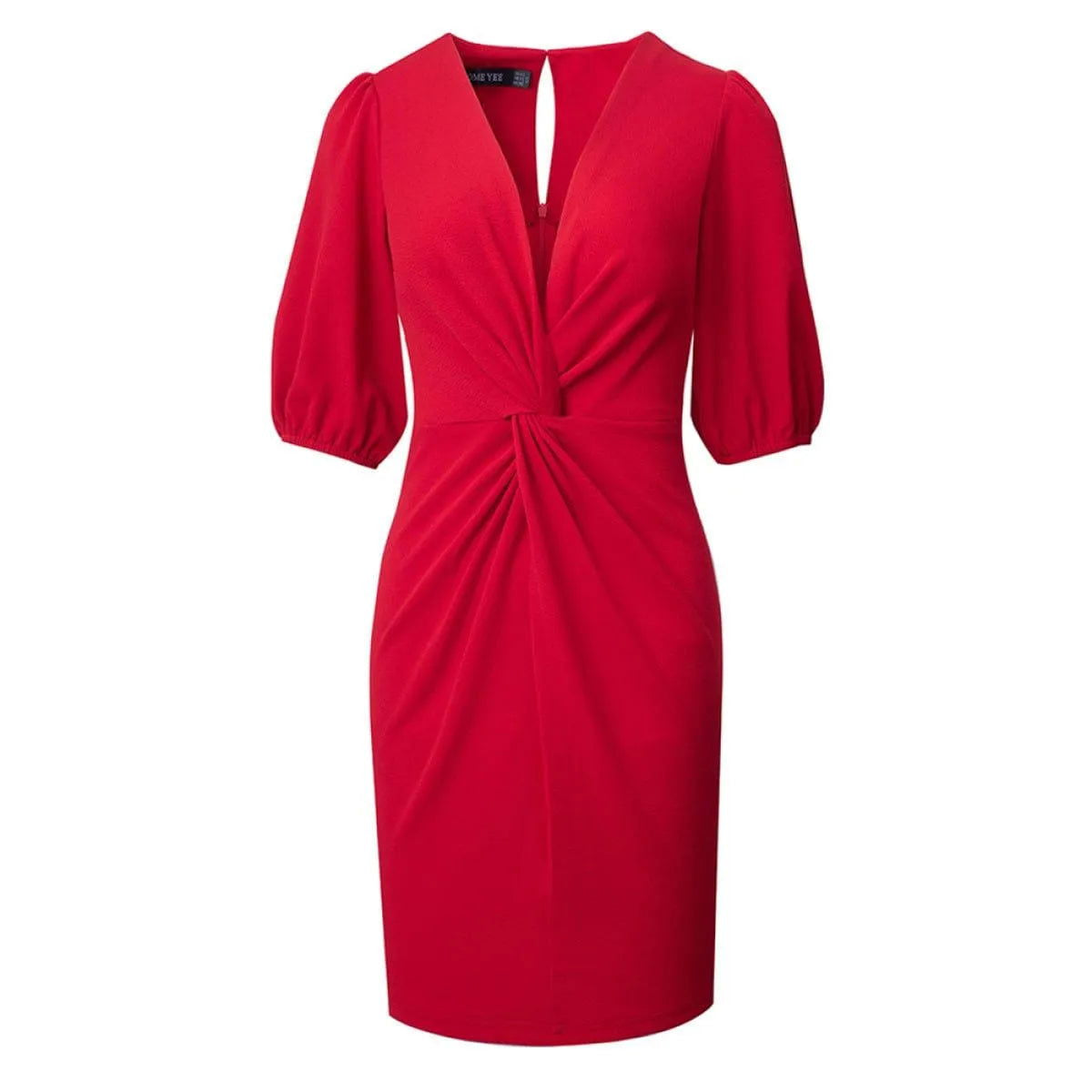 Deep V Lantern Sleeve Folds Solid Color Mini Dress With Keyhole Jewelry Bubble