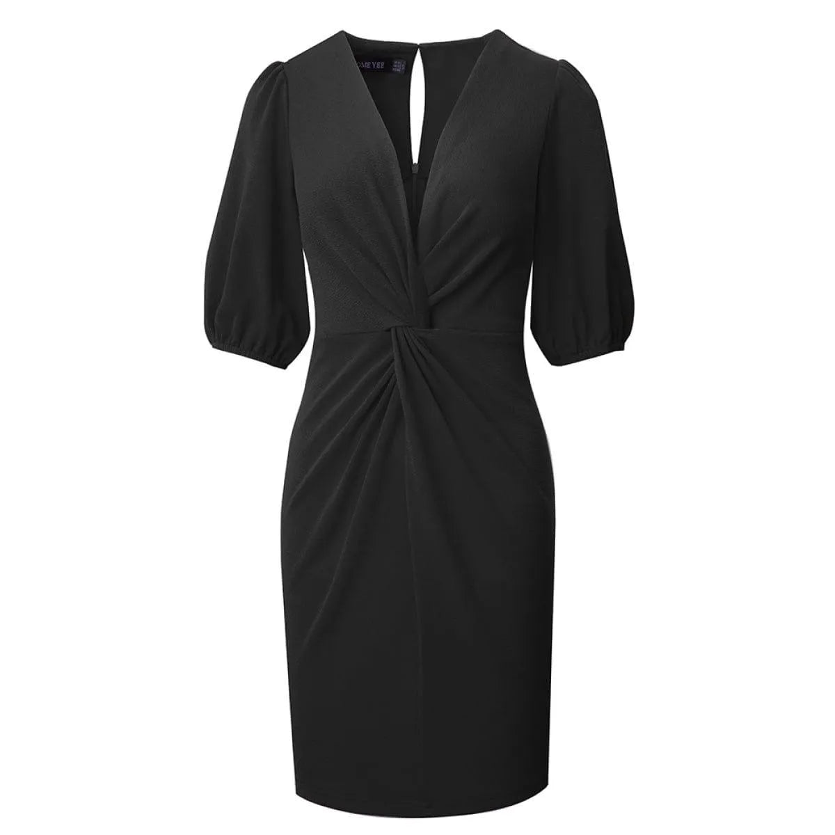 Deep V Lantern Sleeve Folds Solid Color Mini Dress With Keyhole Jewelry Bubble