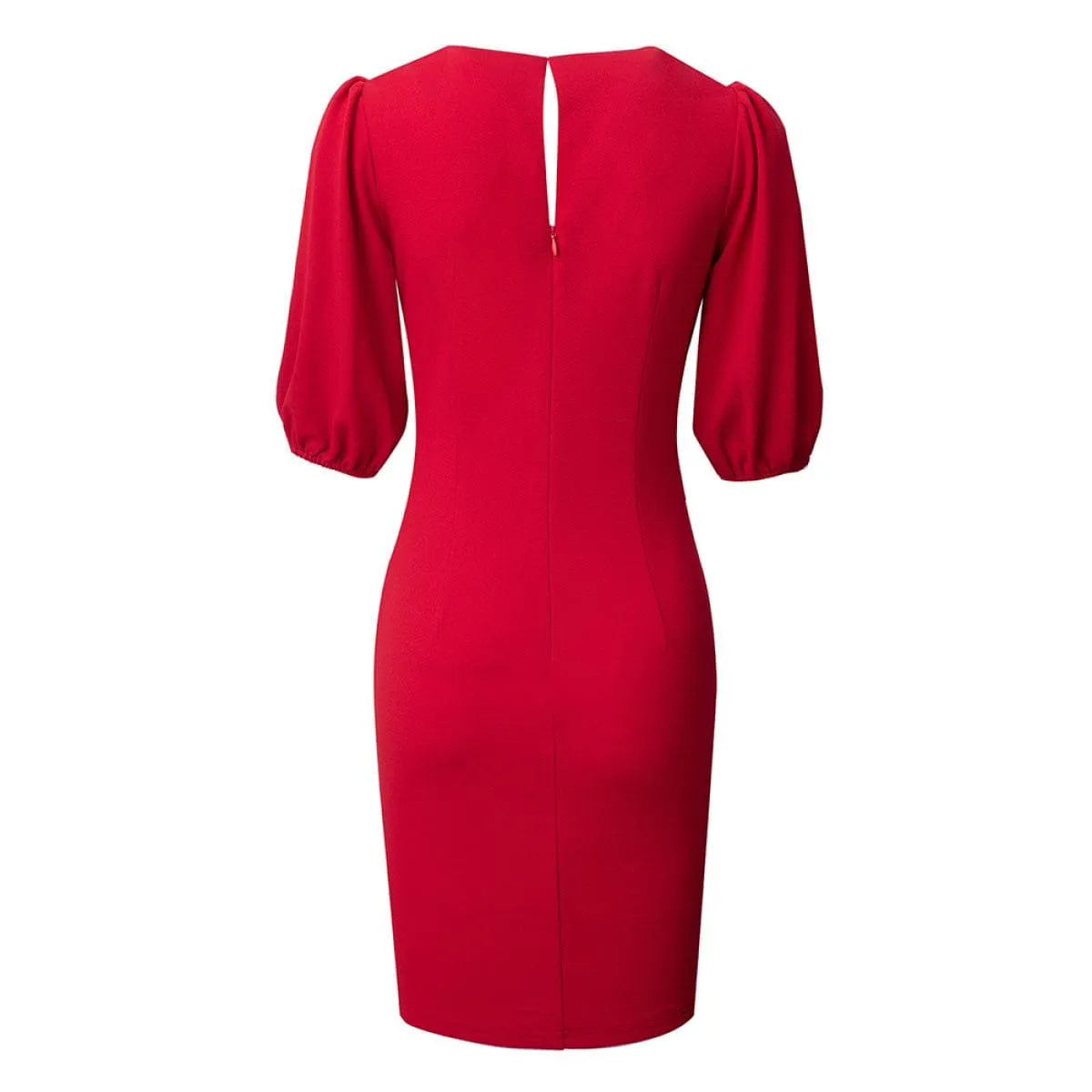 Deep V Lantern Sleeve Folds Solid Color Mini Dress With Keyhole Jewelry Bubble