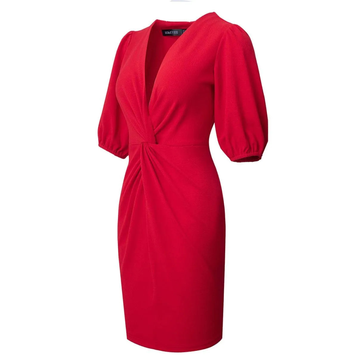 Deep V Lantern Sleeve Folds Solid Color Mini Dress With Keyhole Jewelry Bubble