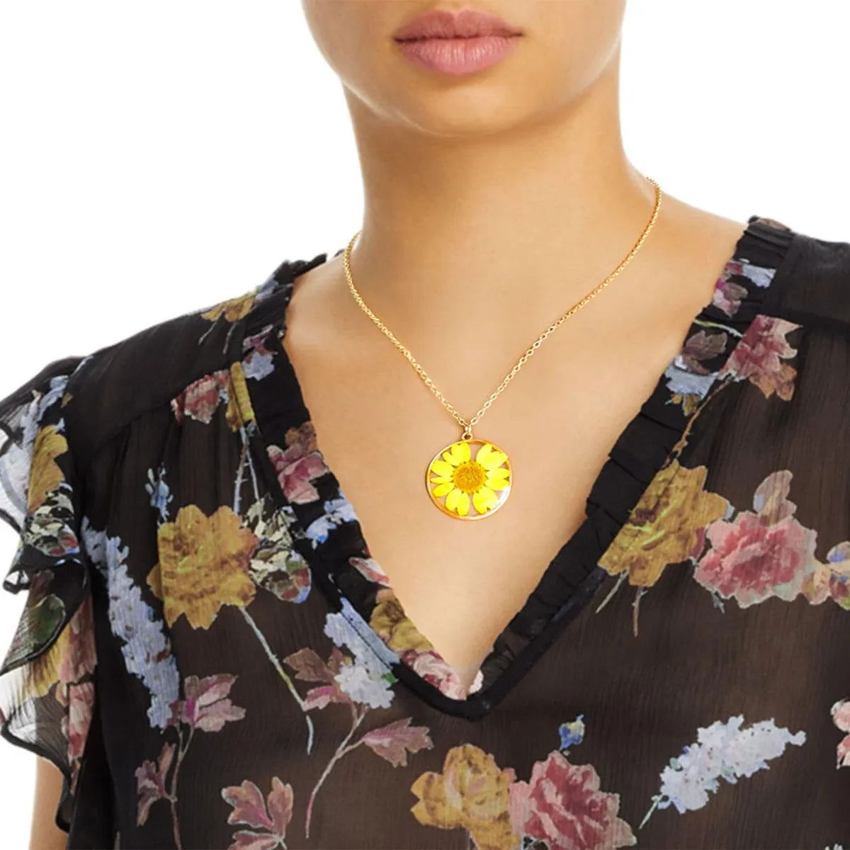 Dried Yellow Daisy Flower Pendant Gold Tone Necklace Pinktown