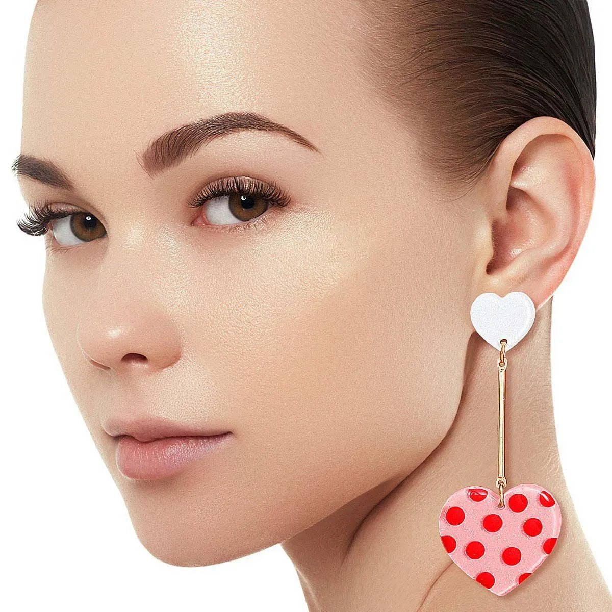 Jewelry Bubble Pink Heart Red Polka Dot Drop Earrings with Gold Bar – Lightweight Statement Pinktown