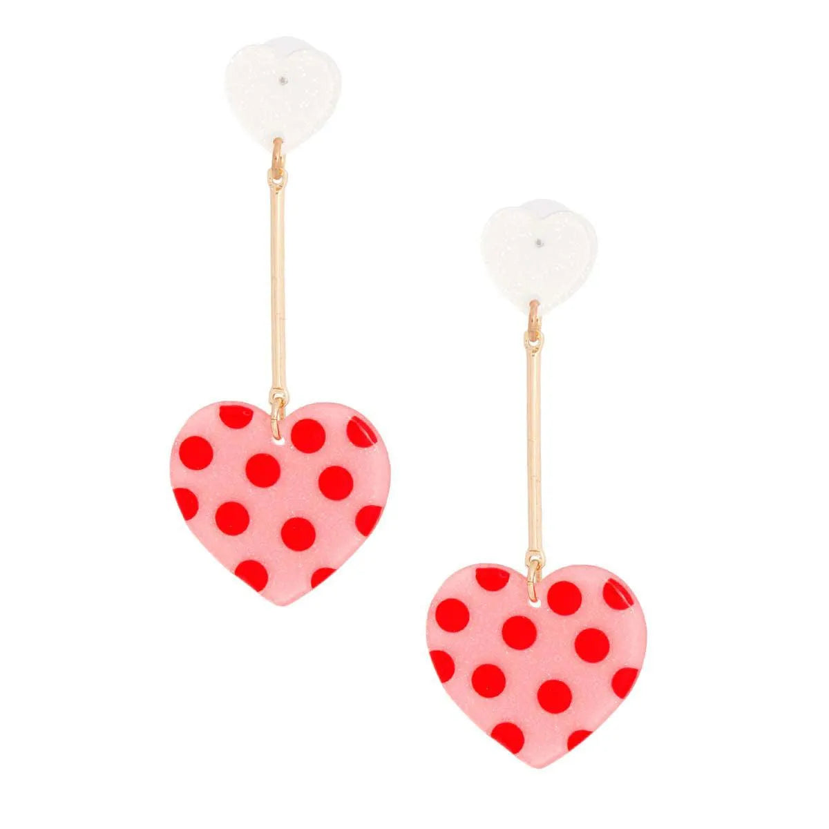 Jewelry Bubble Pink Heart Red Polka Dot Drop Earrings with Gold Bar – Lightweight Statement Pinktown