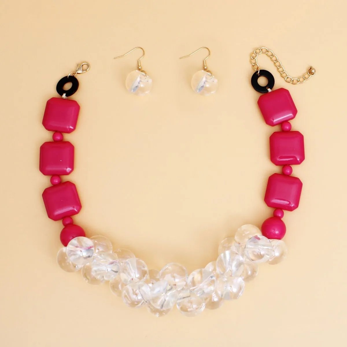 Elegance Meets Edge: Fuchsia & Clear Bubble Bead Necklace Set