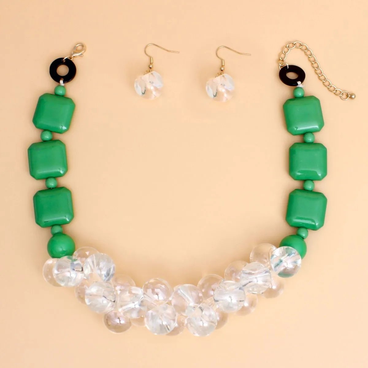 Elegance Meets Edge: Green & Clear Bubble Bead Necklace Set