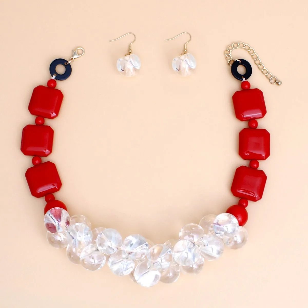 Elegance Meets Edge: Red & Clear Bubble Bead Necklace Set