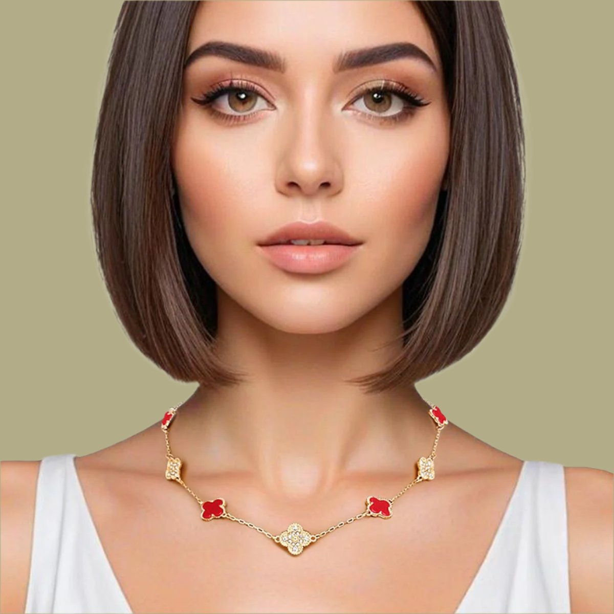 Elegant Gold Red Clover Pendant Necklace Pinktown
