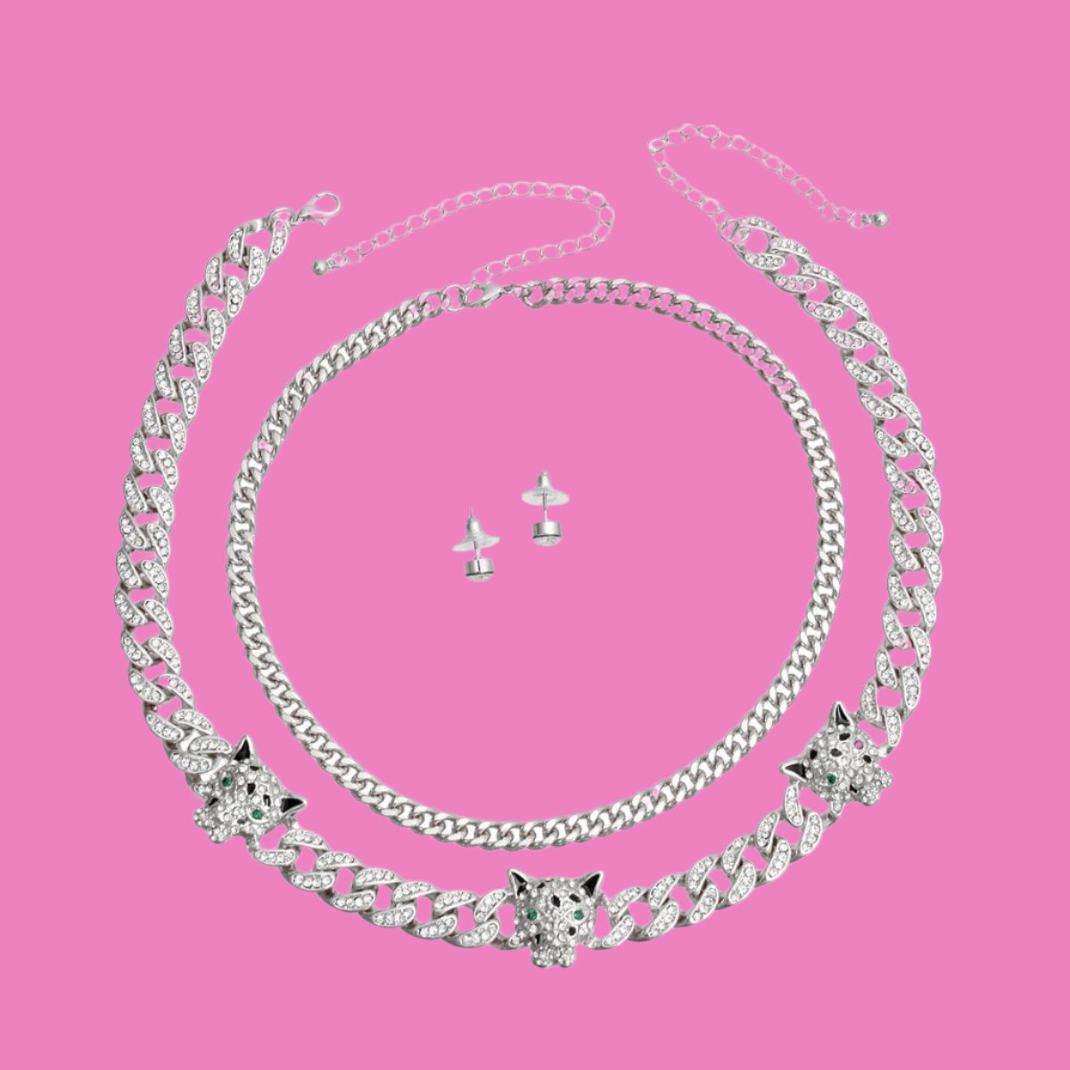 Elevate Your Style with our Silver Iced Cuban Leopard Chain Set Pinktown
