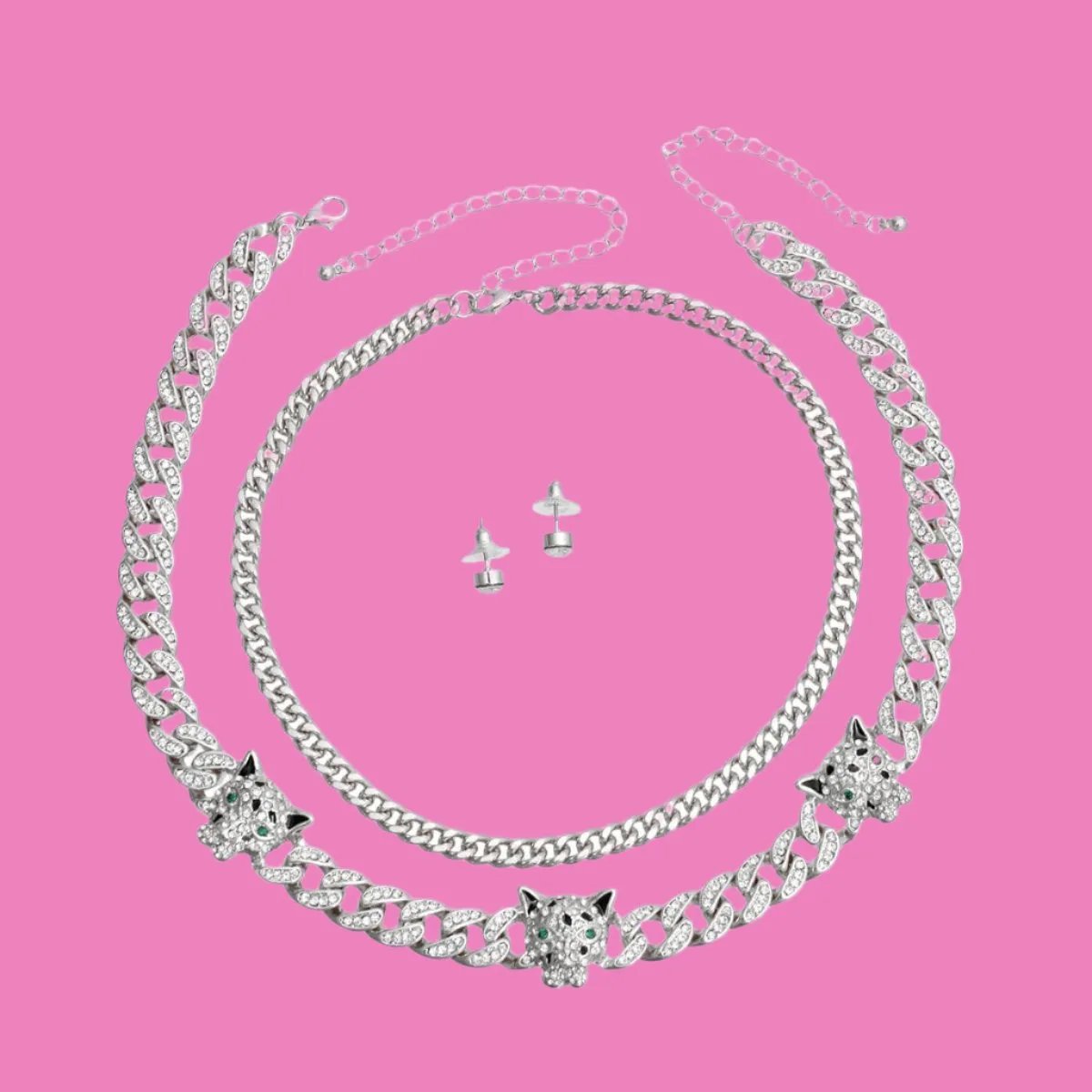 Elevate Your Style with our Silver Iced Cuban Leopard Chain Set