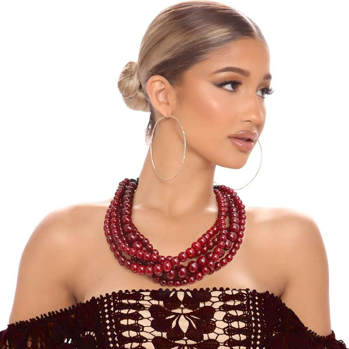 Fashion Necklace Dark Red Multi-Strand Design Pinktown