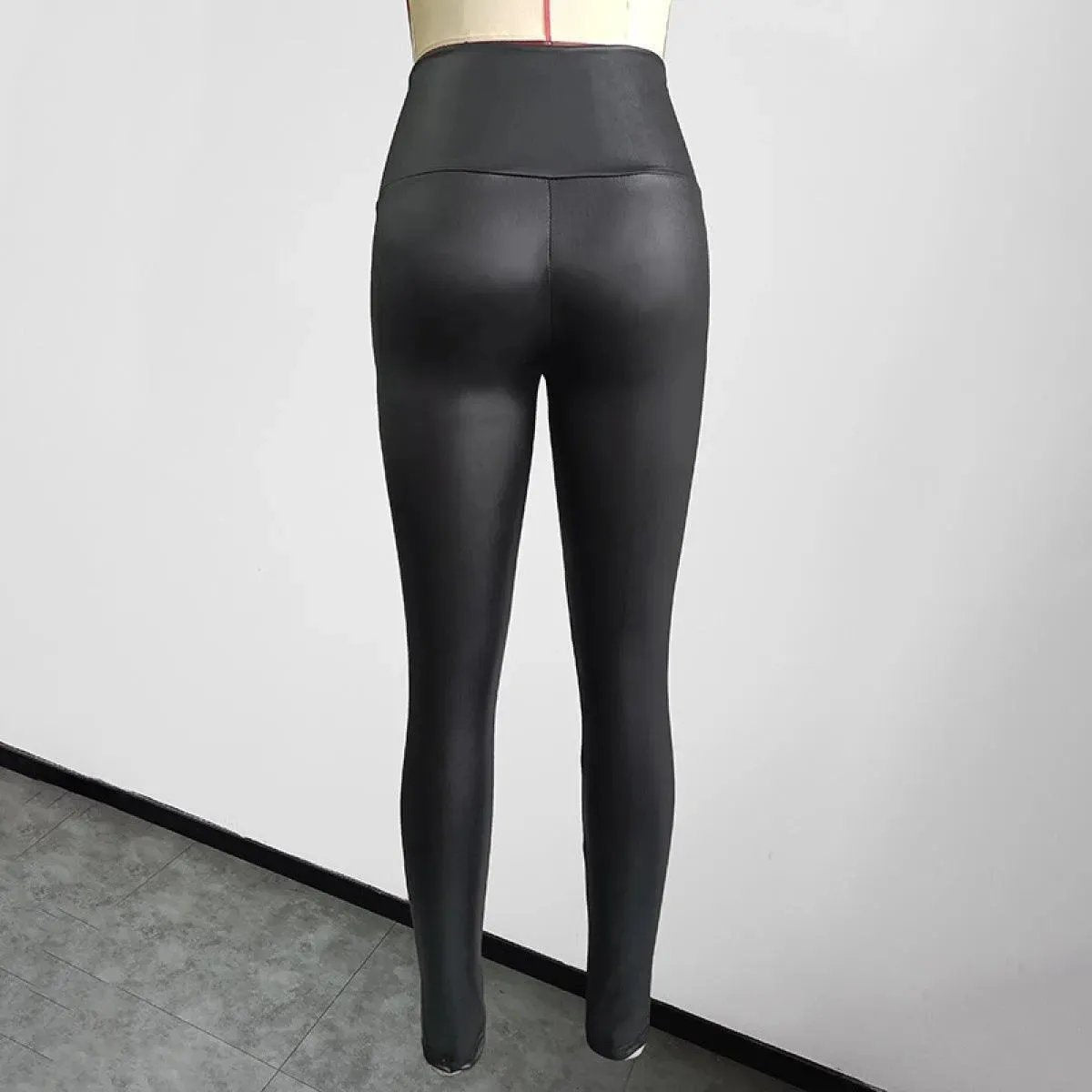 Faux Leather Pants in Black High Waist Elastic Buttoned