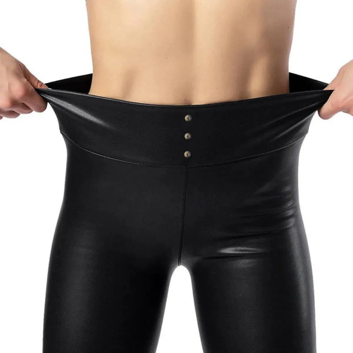 Faux Leather Pants in Black High Waist Elastic Buttoned