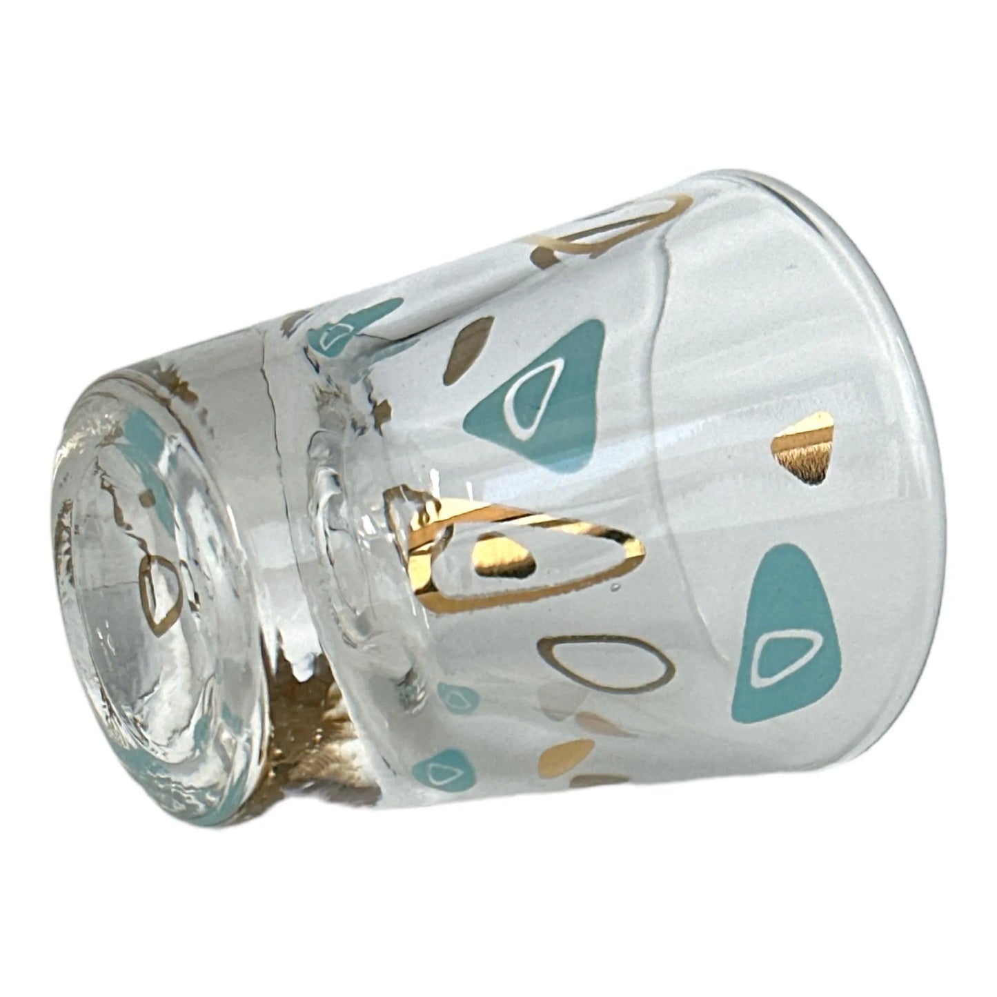 Federal Glass Mid-Century Turquoise Gold Amoeba Boomerang Atomic Shot Glass - Vintage Collectible Cocktail Glass Jewelry Bubble