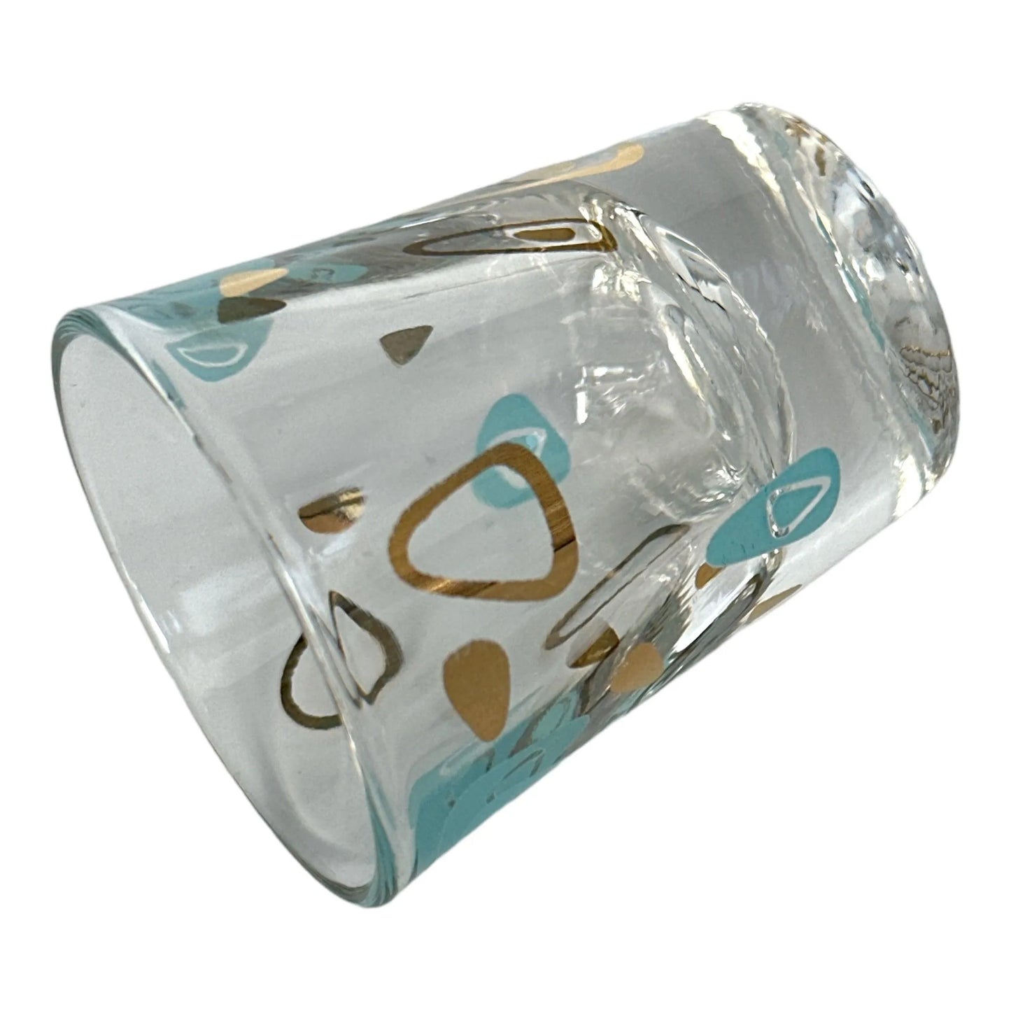 Federal Glass Mid-Century Turquoise Gold Amoeba Boomerang Atomic Shot Glass - Vintage Collectible Cocktail Glass Jewelry Bubble