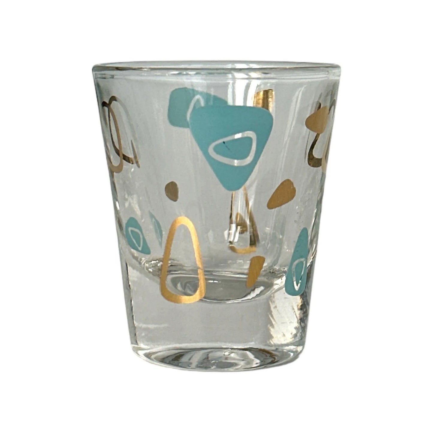 Federal Glass Mid-Century Turquoise Gold Amoeba Boomerang Atomic Shot Glass - Vintage Collectible Cocktail Glass Jewelry Bubble