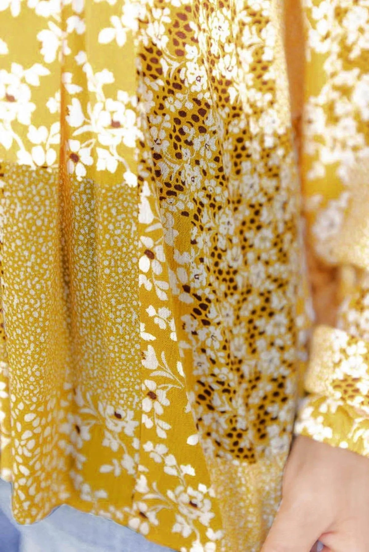 Floral Patchwork Tassel Tie Babydoll Blouse Yellow Jewelry Bubble
