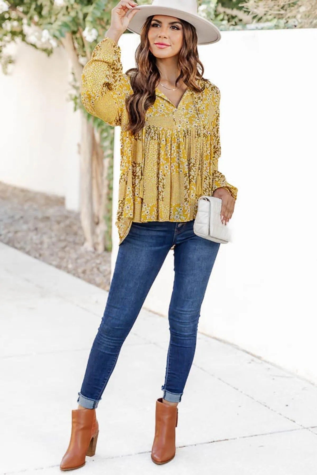 Floral Patchwork Tassel Tie Babydoll Blouse Yellow Jewelry Bubble