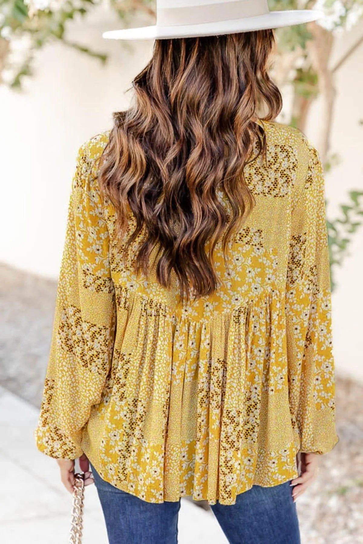 Floral Patchwork Tassel Tie Babydoll Blouse Yellow Jewelry Bubble