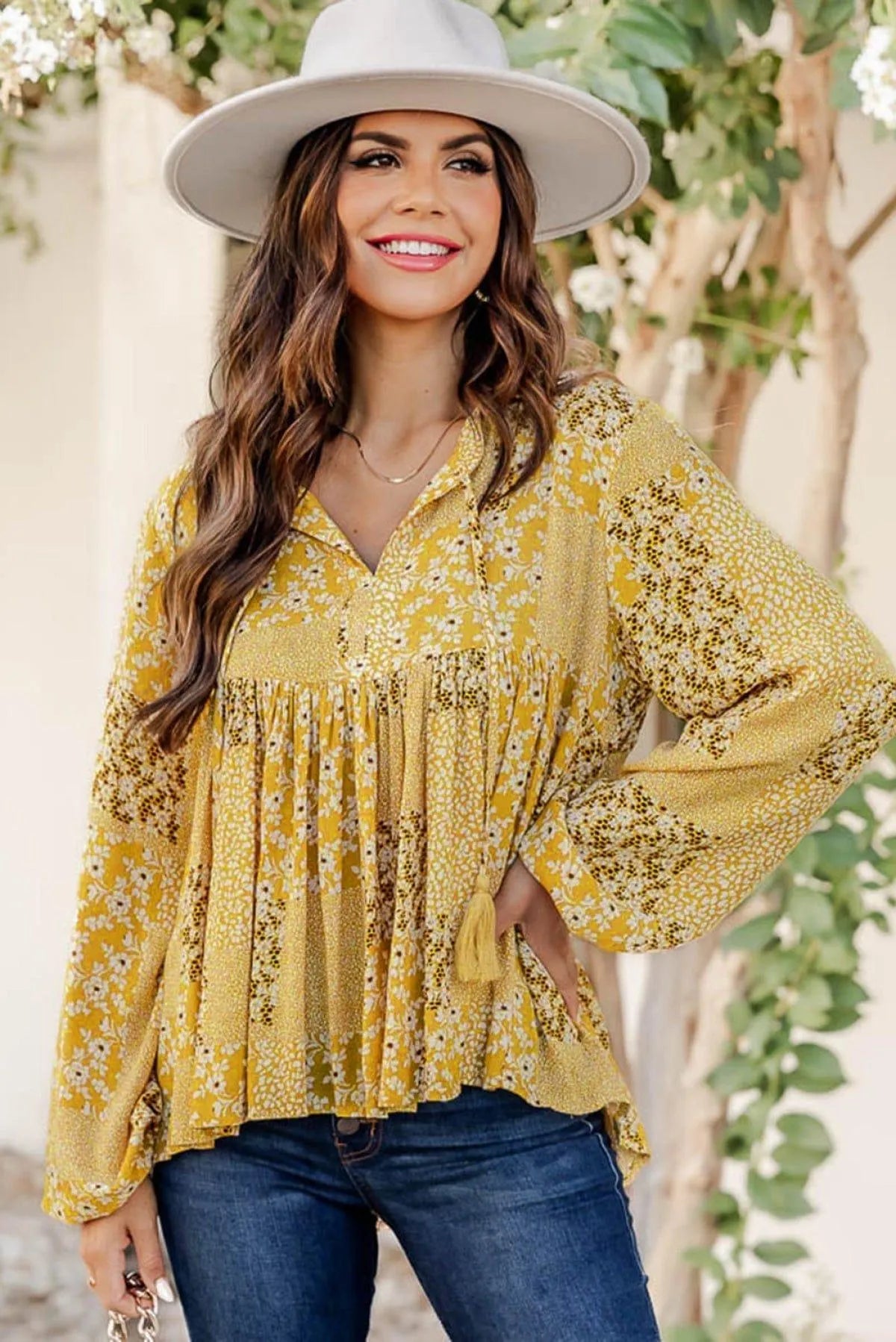 Floral Patchwork Tassel Tie Babydoll Blouse Yellow Jewelry Bubble