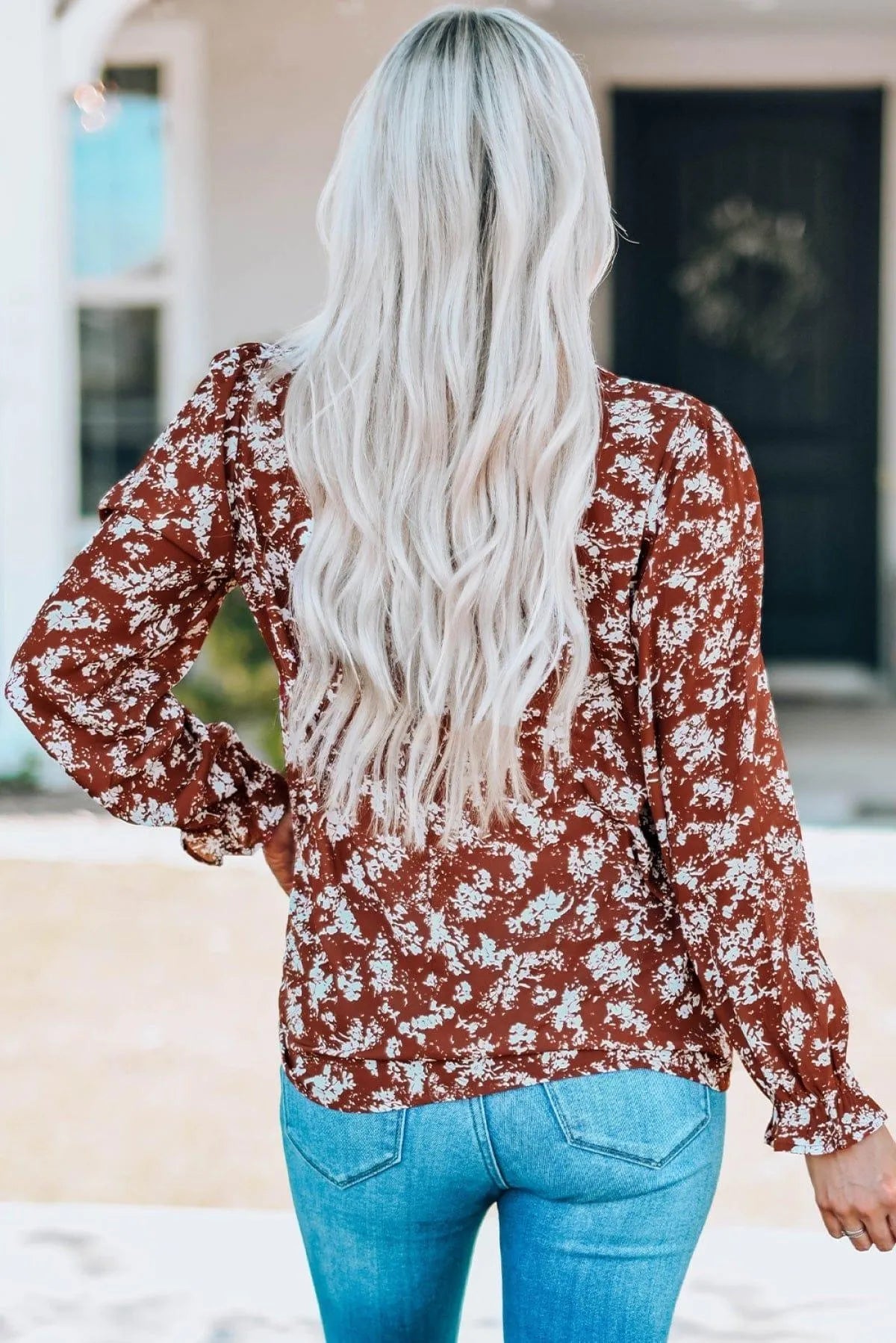 Floral Print Ruffled Crew Neck Long Sleeve Blouse Jewelry Bubble