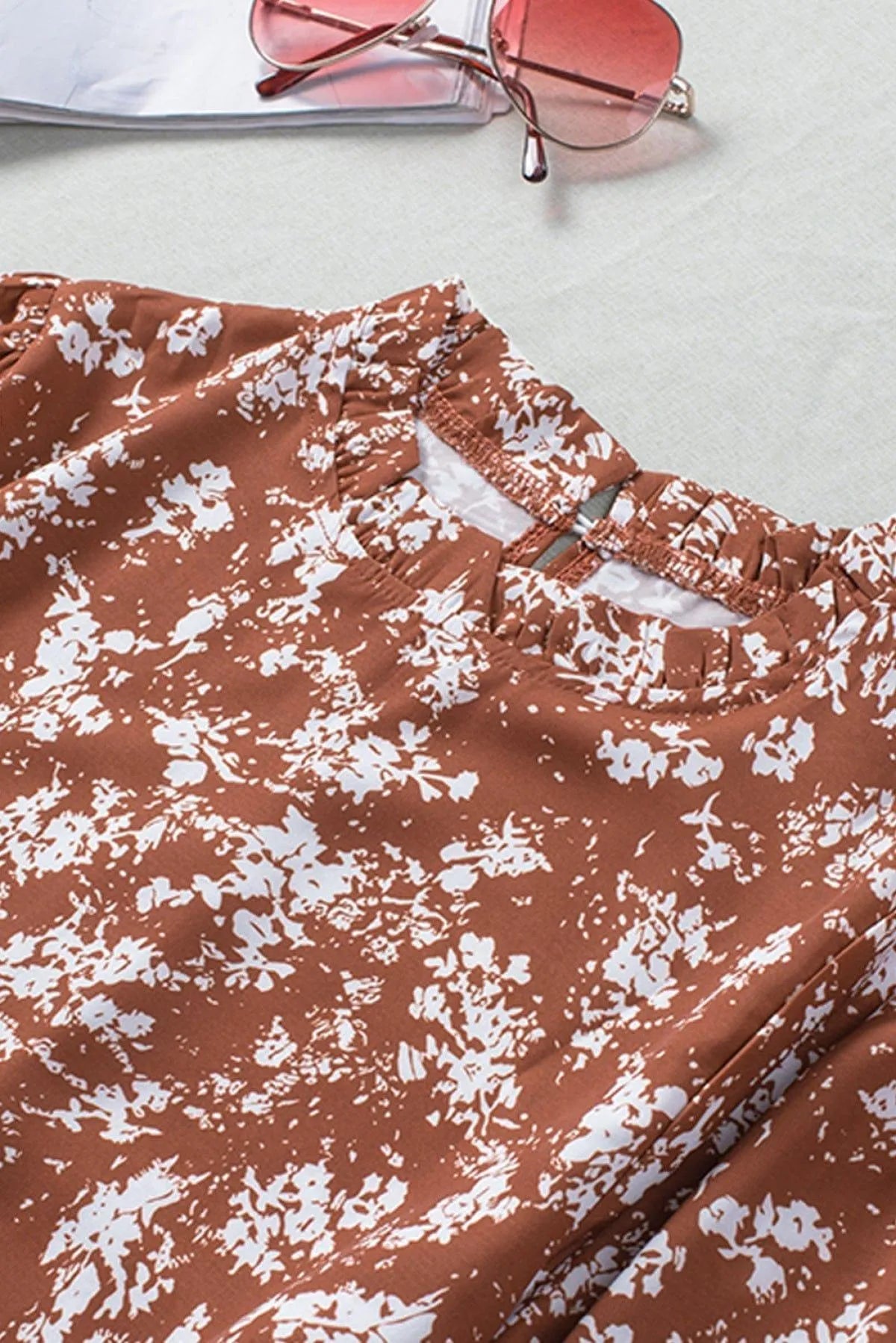 Floral Print Ruffled Crew Neck Long Sleeve Blouse Jewelry Bubble