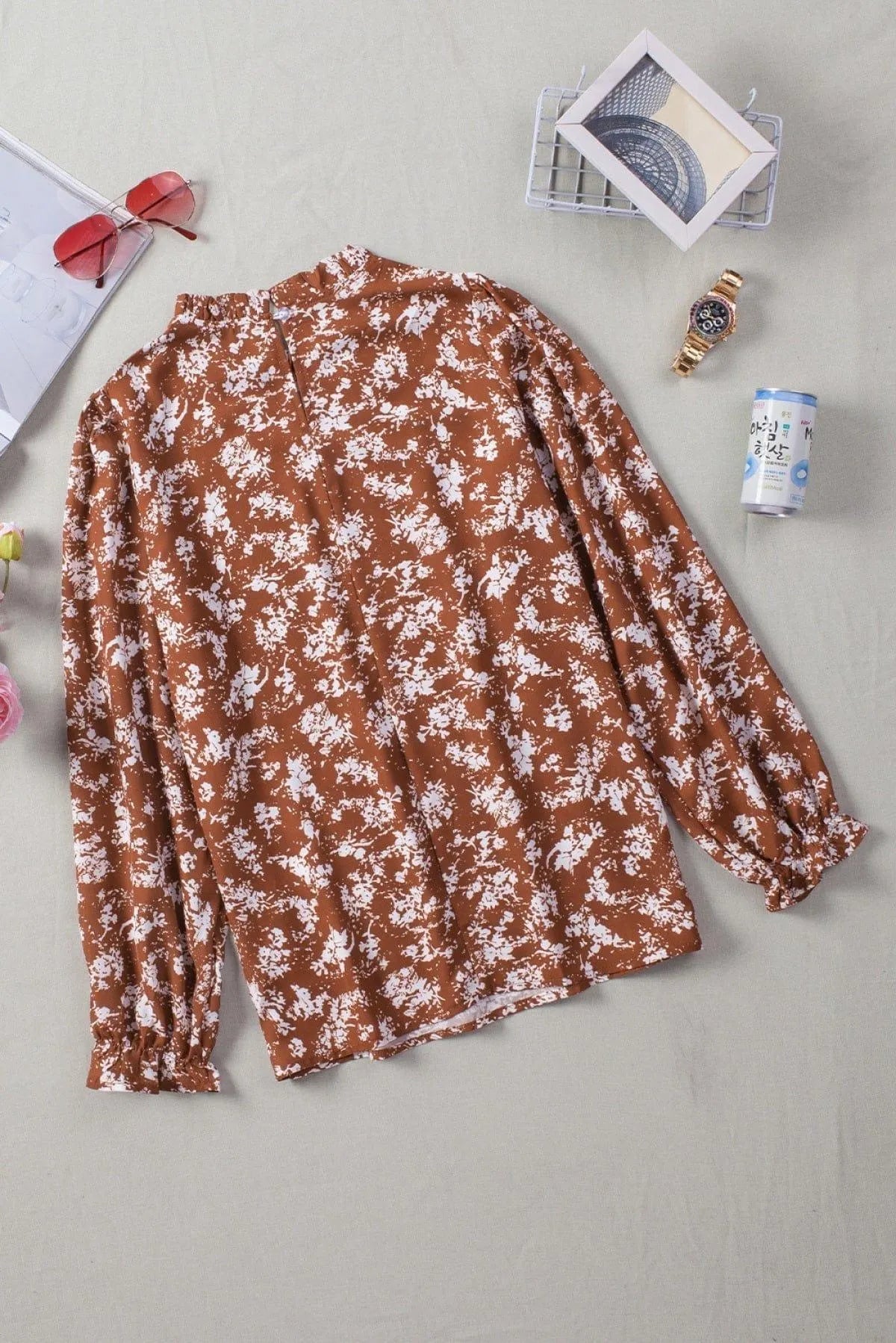 Floral Print Ruffled Crew Neck Long Sleeve Blouse Jewelry Bubble