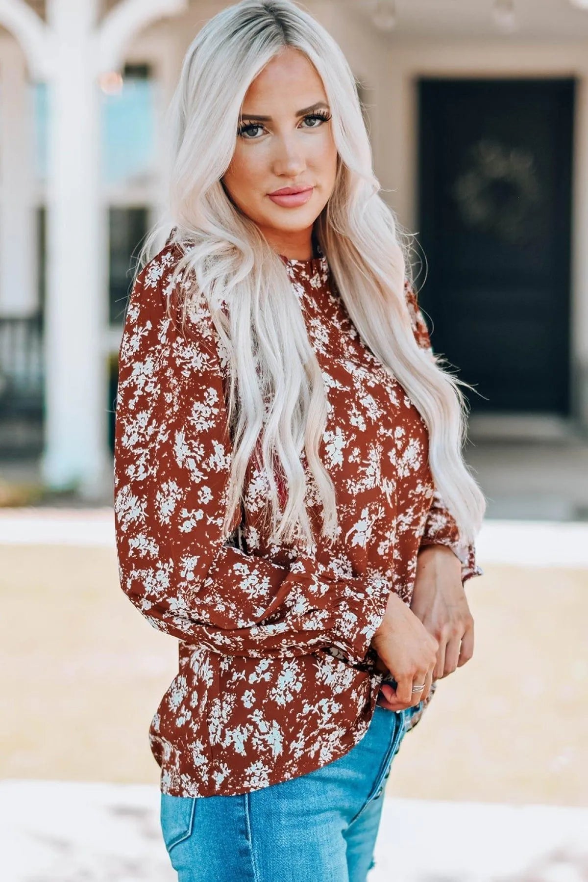 Floral Print Ruffled Crew Neck Long Sleeve Blouse Jewelry Bubble