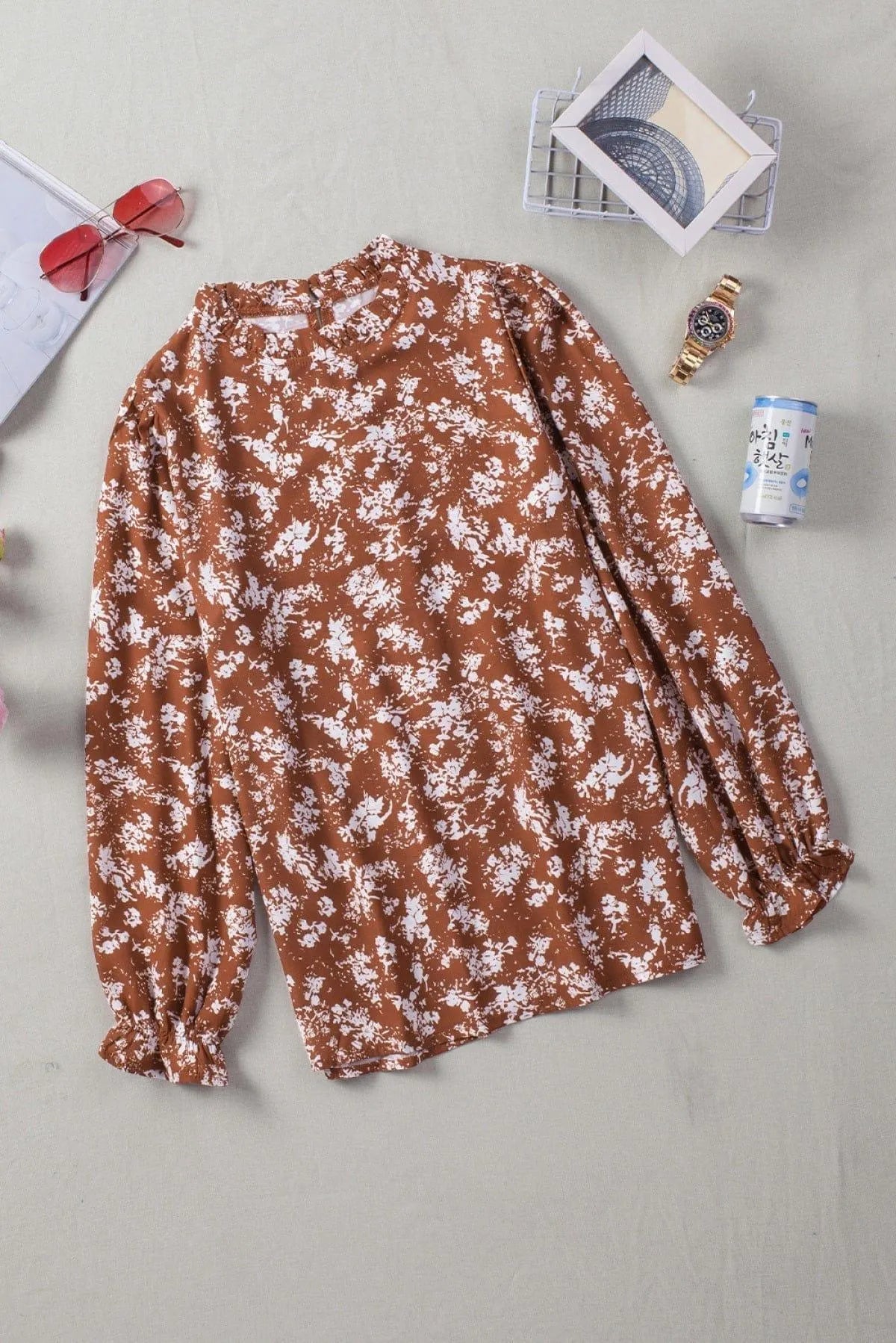Floral Print Ruffled Crew Neck Long Sleeve Blouse Jewelry Bubble