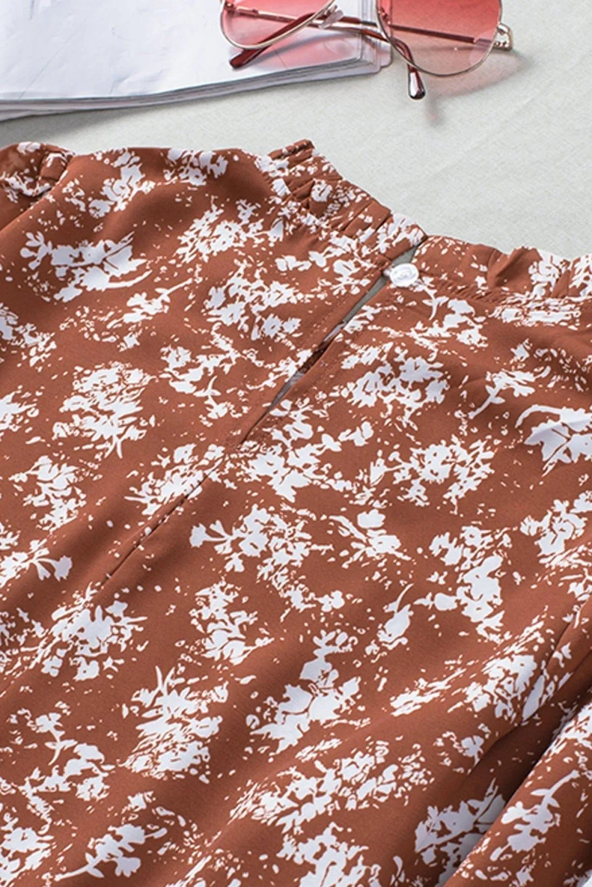 Floral Print Ruffled Crew Neck Long Sleeve Blouse Jewelry Bubble