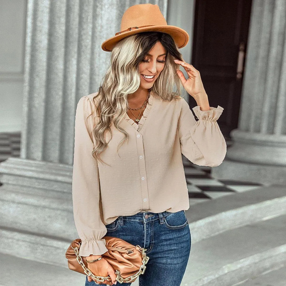 Frill Trim Button Up Swiss Dot Puff Sleeve Shirt Jewelry Bubble