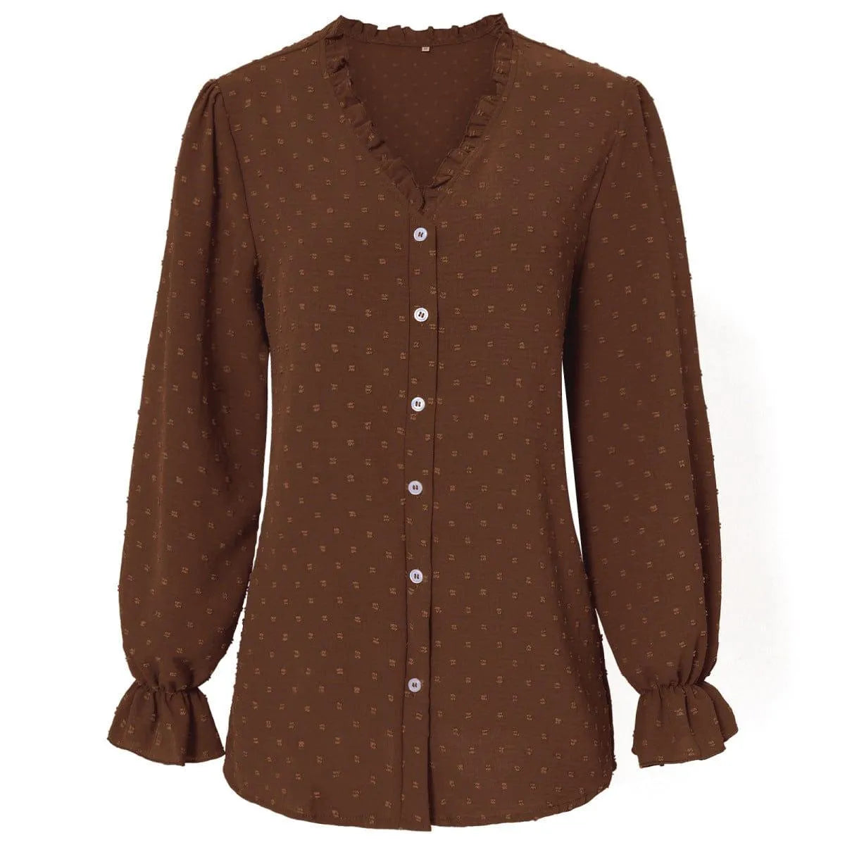 Frill Trim Button Up Swiss Dot Puff Sleeve Shirt Jewelry Bubble