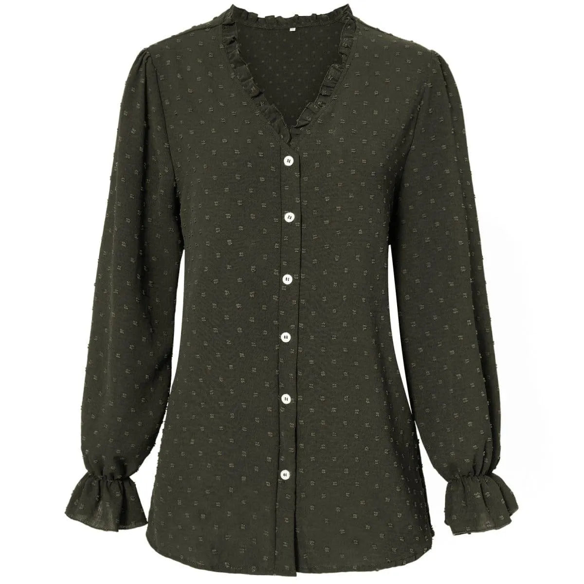 Frill Trim Button Up Swiss Dot Puff Sleeve Shirt Jewelry Bubble