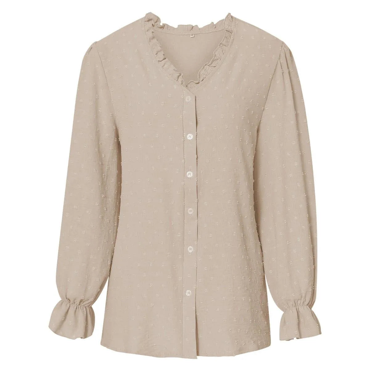 Frill Trim Button Up Swiss Dot Puff Sleeve Shirt Jewelry Bubble