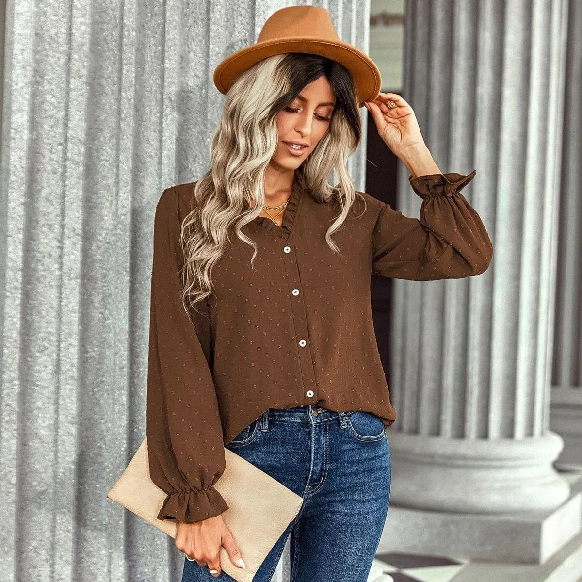 Frill Trim Button Up Swiss Dot Puff Sleeve Shirt Jewelry Bubble