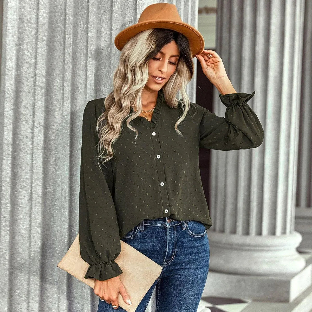 Frill Trim Button Up Swiss Dot Puff Sleeve Shirt Jewelry Bubble