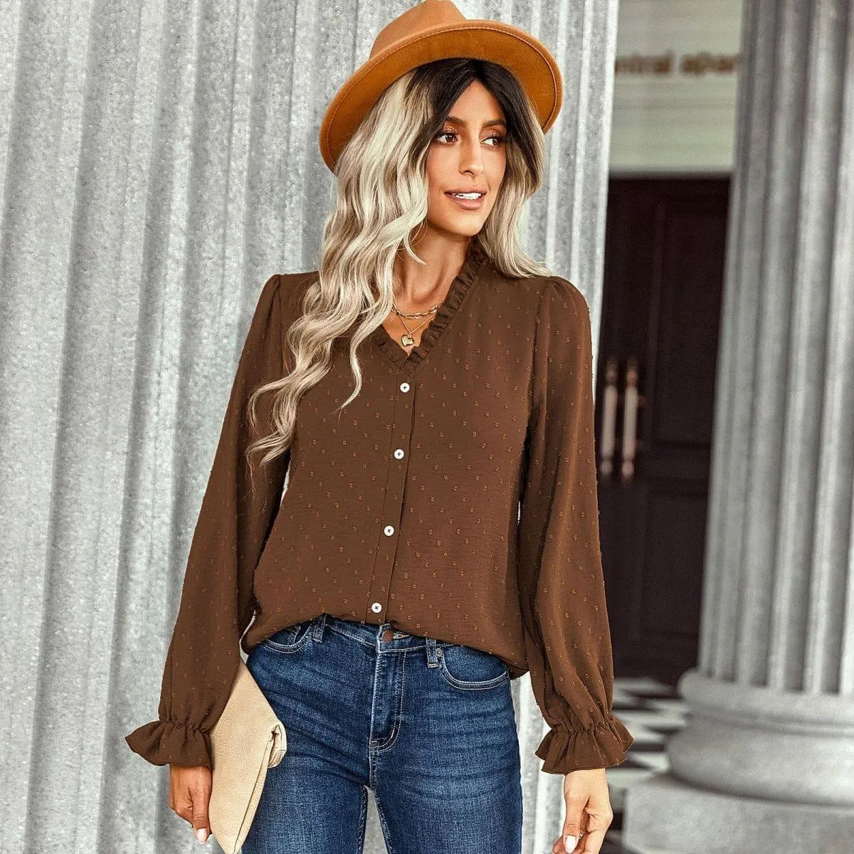 Frill Trim Button Up Swiss Dot Puff Sleeve Shirt Jewelry Bubble