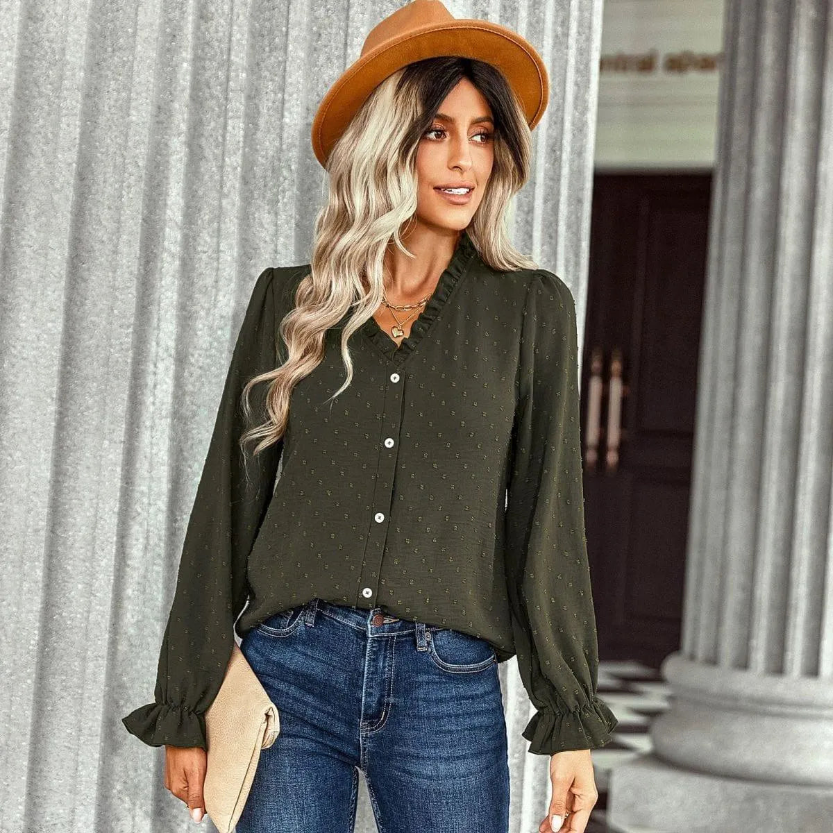 Frill Trim Button Up Swiss Dot Puff Sleeve Shirt Jewelry Bubble
