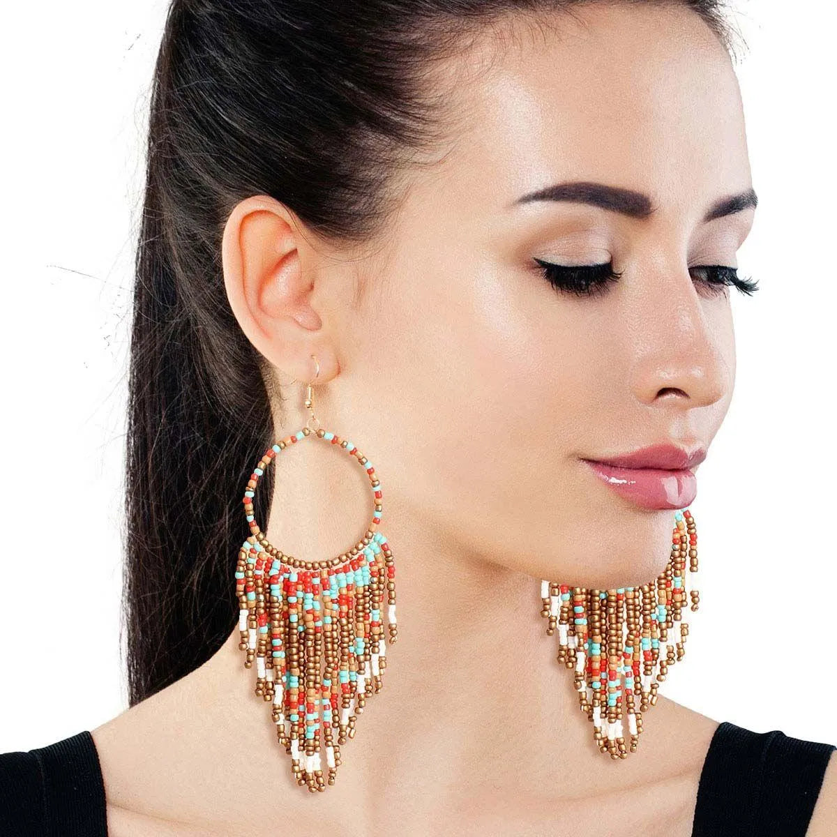 Get Glam with Multi & Gold Bead Fringe Earrings - Shop Now! Pinktown