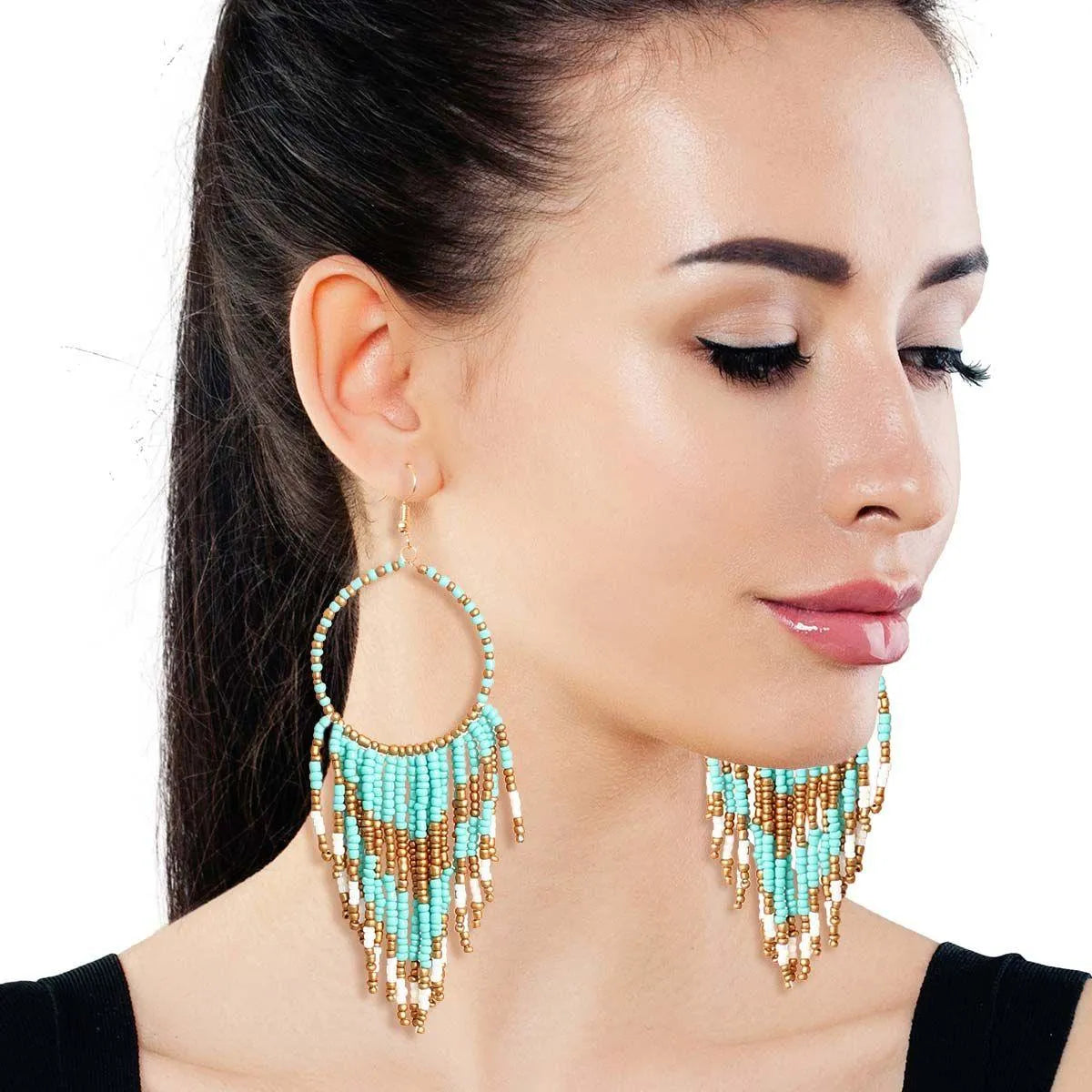 Get Noticed with Turquoise & Gold Bead Fringe Earrings - Order Now! Pinktown