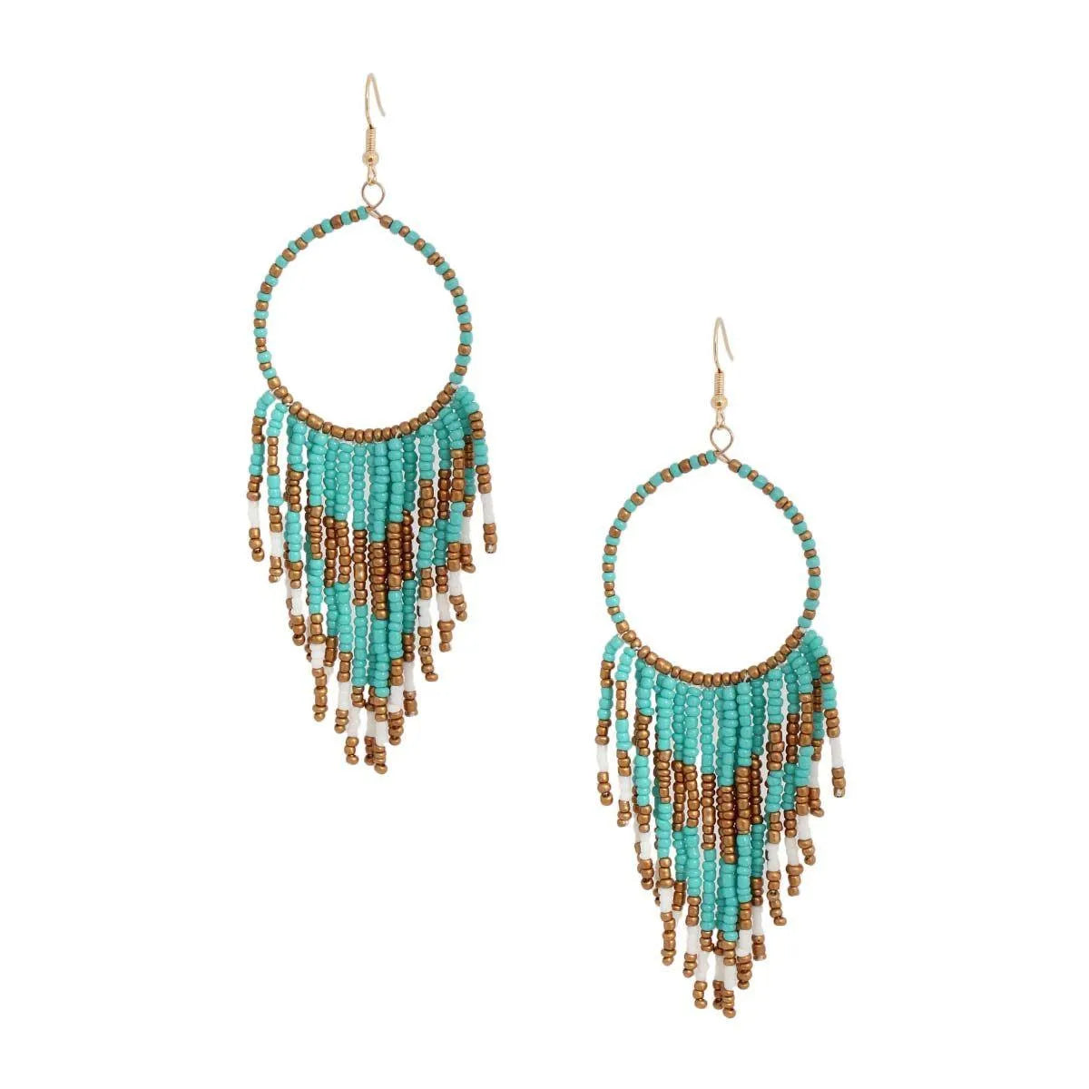 Get Noticed with Turquoise & Gold Bead Fringe Earrings - Order Now! Pinktown
