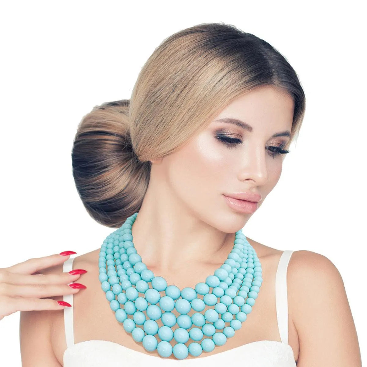 Get Your Chic Sea-Blue Beaded 5 Strand Necklace Set Today - Shop Now! Pinktown