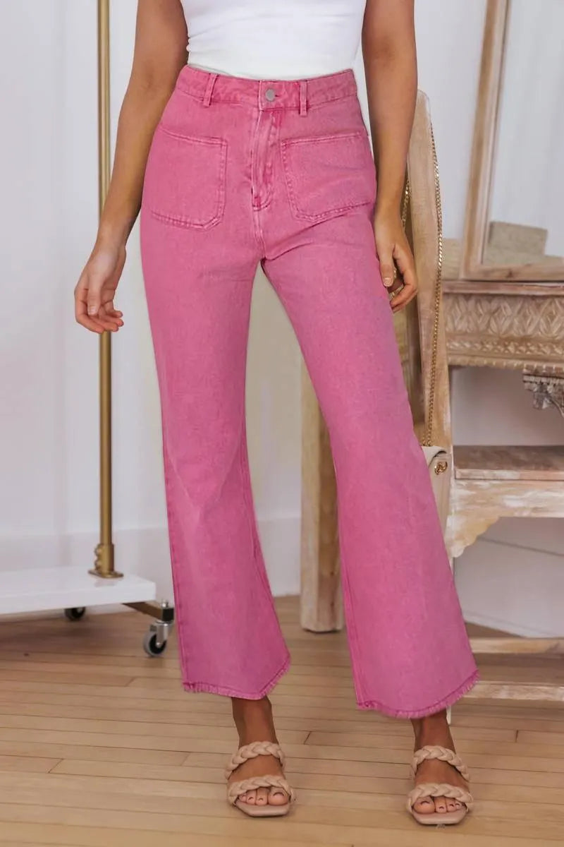 Get Your Fashion Fix: Pink Flare Leg Jeans with Raw Hem Jewelry Bubble