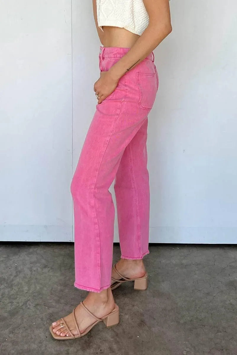 Get Your Fashion Fix: Pink Flare Leg Jeans with Raw Hem Jewelry Bubble