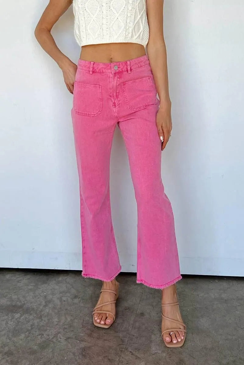 Get Your Fashion Fix: Pink Flare Leg Jeans with Raw Hem Jewelry Bubble