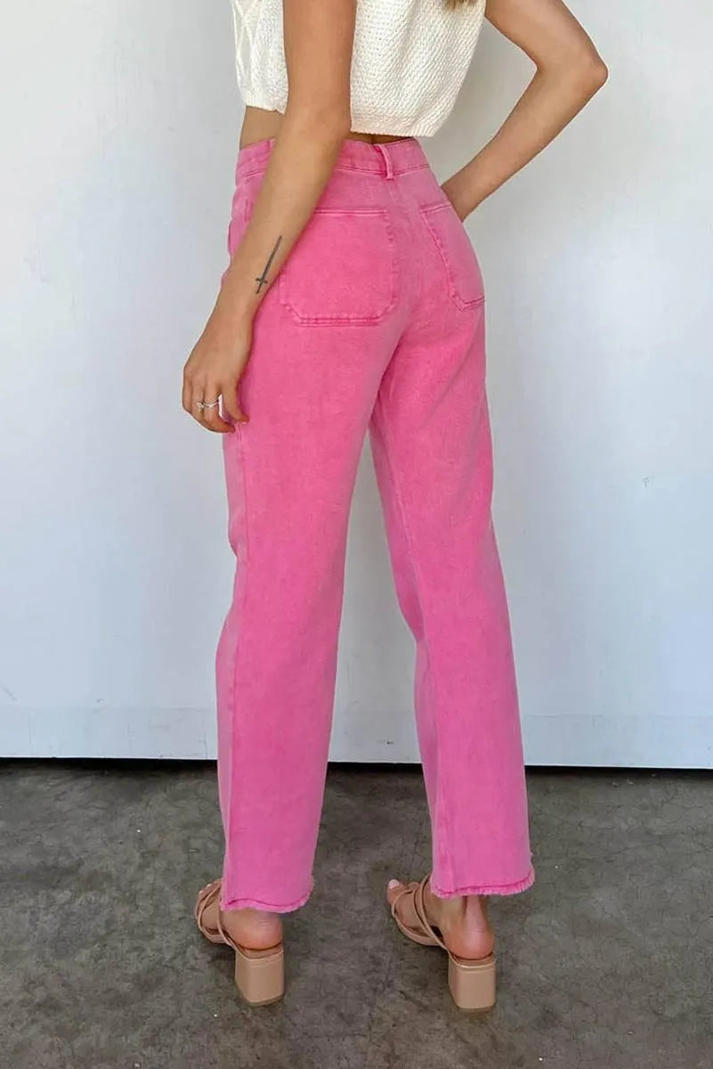 Get Your Fashion Fix: Pink Flare Leg Jeans with Raw Hem Jewelry Bubble
