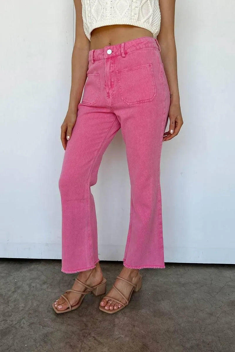 Get Your Fashion Fix: Pink Flare Leg Jeans with Raw Hem Jewelry Bubble