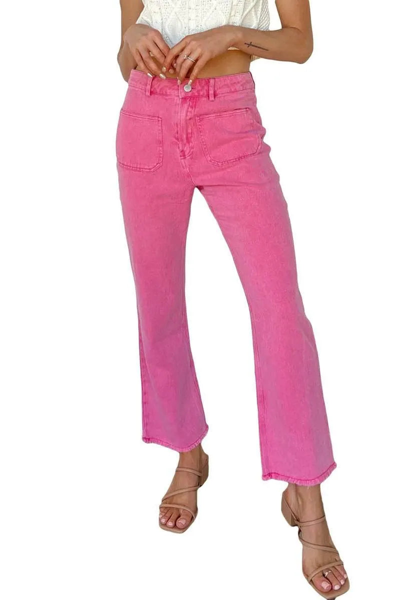 Get Your Fashion Fix: Pink Flare Leg Jeans with Raw Hem Jewelry Bubble