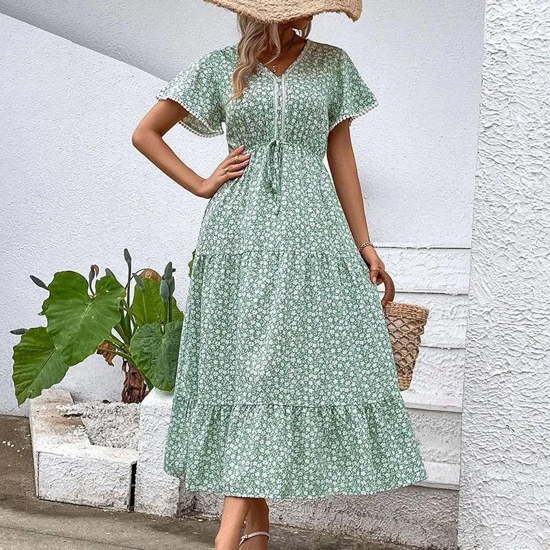 Get the Summer Look with the Green Drawstring Floral Dress Jewelry Bubble