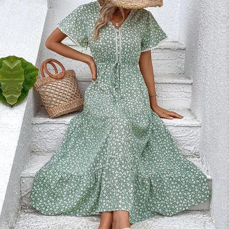 Get the Summer Look with the Green Drawstring Floral Dress Jewelry Bubble